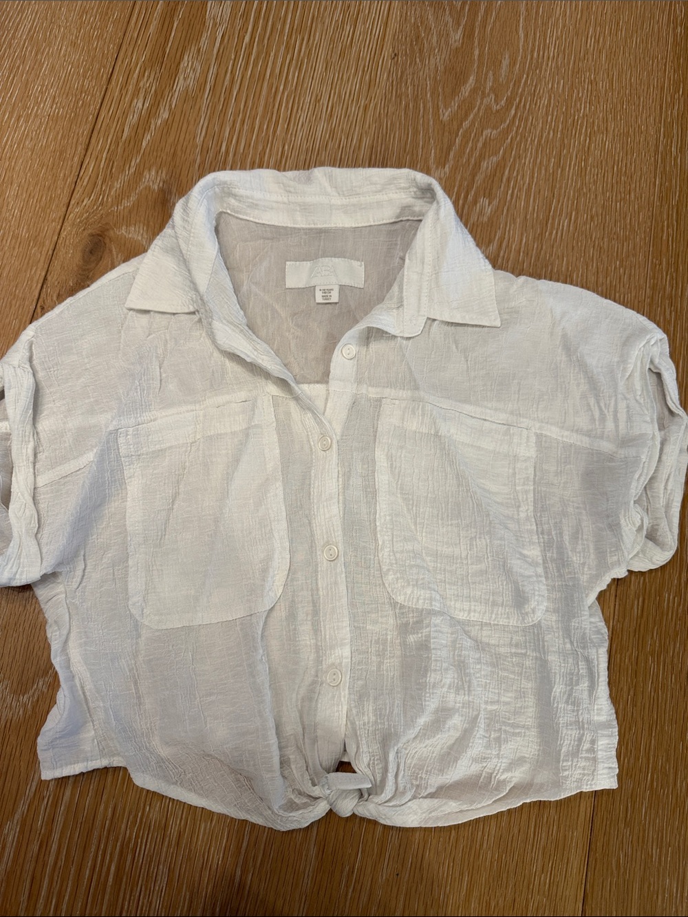 Zara White Gauze Short-Sleeve Button-Front Tie Hem Shirt